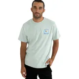 Remera celeste de manga corta con cuello redondo y estampado pequeño en el pecho con un sol y texto.