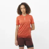 Remera deportiva Salomon de manga corta y cuello redondo, color naranja con estampado gráfico en tono oscuro en la parte inferior y detalles de texto en el pecho.