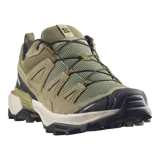 Championes de trekking Salomon modelo X Ultra 360 Leather, color verde militar con detalles en negro y beige, diseñados para senderismo con suela de gran agarre y refuerzos en cuero.