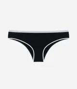 Bombacha tipo bikini confeccionada en poliamida y elastano, con diseño sin costuras y bies en contraste en los bordes.
