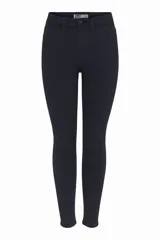 Jean de corte skinny y tiro alto, con diseño de cinco bolsillos y cierre frontal con botón y cremallera. Presenta un acabado en tono azul oscuro uniforme.