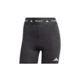 Calzas cortas deportivas Adidas Techfit, color negro, ajustadas al cuerpo con cintura elástica ancha que lleva el logo de Adidas y la palabra "TECHFIT" repetida. Presenta el logo de Adidas impreso en blanco en la pierna izquierda.