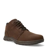 Bota de caña media Caterpillar modelo Science Mid, confeccionada en cuero nobuck color marrón oscuro. Presenta cierre con cordones, logo de la marca grabado en el lateral y en la lengüeta, y suela de goma resistente con diseño dentado.
