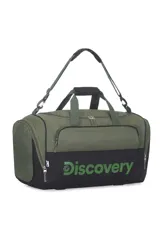 Bolso de viaje gris y negro con el logo de Discovery en el frente. Tiene doble asa de mano y correa de hombro ajustable.