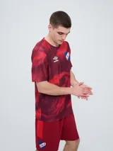 Remera de entrenamiento Umbro del Club Nacional de Football, modelo Press, para hombre. Diseño en tonos de rojo con patrón estampado tipo humo o abstracto, cuello redondo y mangas cortas. Incluye el logo de Umbro y el escudo del club en el pecho.