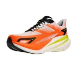 Championes de running Hoka Mach X 3, con diseño técnico en colores blanco, naranja y detalles en verde lima. Presentan una estructura de malla transpirable, entresuela de alta amortiguación y logo de la marca en el lateral.