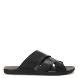 Sandalias de cuero para hombre con diseño de tiras cruzadas, una de ellas con textura perforada. Poseen base ergonómica y suela de goma antideslizante.