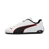 Championes Puma modelo Ferrari Replicatch, color blanco con detalles en negro y rojo. Diseño de perfil bajo inspirado en el automovilismo con logo de Puma y escudo de Ferrari.