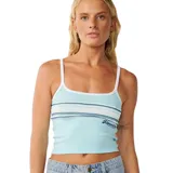 Musculosa de canalé celesta de Rip Curl, con finos tirantes blancos y escote redondo. Presenta un diseño corto con bandas horizontales blancas y azules en el pecho y el logo de la marca estampado en un lateral.