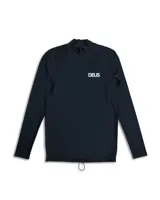 Remera de lycra negra de manga larga con cuello alto y logo de la marca Deus en el pecho.