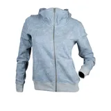 Campera con capucha y cierre frontal, color celeste jaspeado con detalles en gris.