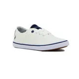 Championes de lona blanca con detalles en azul marino y suela de goma, inspirados en estilo náutico.
