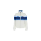 Cardigan de punto de malla Casablanca color blanco, con cuello alto, cierre frontal completo y franjas horizontales en tonos azul y celeste en el pecho y las mangas. Incluye un pequeño parche bordado en el pecho.