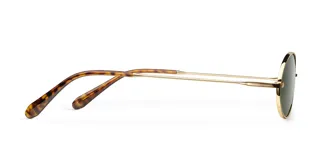 Gafas de sol ovaladas con montura dorada y lentes verdes.