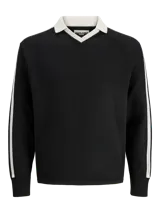 Polo tejido de manga larga con cuello en V en contraste, diseño de ajuste relajado, puños acanalados y detalle de franjas laterales en las mangas.