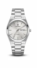 Reloj de pulsera Poedagar modelo 930, con caja y malla de acero inoxidable plateado, esfera blanca minimalista, movimiento de cuarzo e indicador de día y fecha.