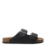 Sandalias tipo Birkenstock marca Freeway, color negro, con doble tira ajustable mediante hebillas metálicas y plantilla anatómica de corcho.