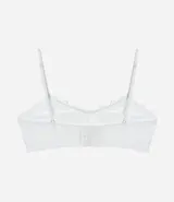 Soutien femenino modelo top de encaje floral blanco, sin copa, sin aro y con tirantes ajustables.