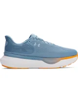 Championes de running Under Armour modelo Infinite Pro, color azul con entresuela blanca y detalles en naranja. Cuentan con tecnología de amortiguación UA HOVR+ y parte superior de malla técnica para mayor transpirabilidad.