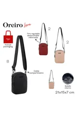 Bandolera pequeña de diseño minimalista en color beige, con cierre superior y correa larga ajustable con logo de la marca. Presenta el logo 'OREIRO LOVE' estampado en el frente.