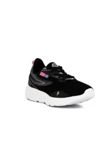 Championes deportivos Fila modelo Nest para mujer, en color negro con suela blanca y detalles en fucsia y celeste.