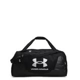 Bolso deportivo Under Armour Undeniable 5, color negro con logo plateado, de gran tamaño, con doble asa de mano y correa ajustable para el hombro.