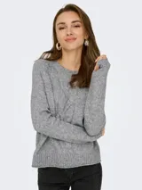 Sweater tejido de manga larga con cuello redondo y mangas raglán, con textura de cable y puños acanalados.