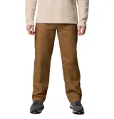 Pantalón de corte recto y estilo casual, confeccionado en tela resistente de color marrón, con cierre frontal y bolsillos laterales.