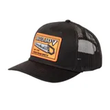 Gorro trucker negro de Volcom con paneles frontales rígidos, visera curva y paneles traseros de malla. Presenta un parche bordado con el logo de Volcom y una sierra en la parte delantera.