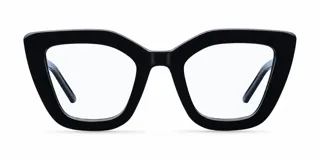 Lentes blueblocker de armazón negro brillante con diseño cat-eye cuadrado, ideales para proteger la vista de pantallas digitales.