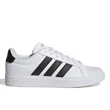 Championes Adidas modelo Streettalk, de diseño urbano con exterior sintético blanco y las icónicas tres tiras laterales en color negro. Presenta detalle en negro en el talón, suela de caucho tipo cupsole y cierre mediante cordones.