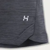 Camiseta deportiva de manga corta con diseño jaspeado, cuello redondo y dobladillo curvo. Presenta un pequeño logo reflectante en la parte inferior.