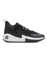 Championes de básquet Under Armour Curry 3Z 25 SDE, color negro con detalles en blanco. Presentan una parte superior que combina cuero y malla transpirable, con entresuela Charged Cushioning para mayor reactividad y suela de goma con patrón de tracción anatómico.