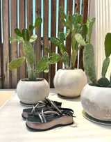 Sandalias marrones de plataforma con tiras finas cruzadas y hebilla ajustable en el tobillo.