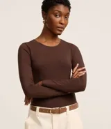 Blusa de algodón color negro, de corte ajustado, con cuello redondo y mangas largas.