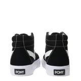 Championes de caña alta Pony modelo Garden, confeccionados en lona negra con detalles de costuras blancas y suela de goma blanca.