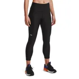 Calza deportiva Under Armour HeatGear negra, tiro alto, corte capri y logo estampado en la pierna.