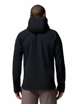 Campera softshell híbrida Columbia Trailborne para hombre, de color negro, con capucha, cierre frontal y bolsillos con cremallera. Cuenta con tecnología Omni-Shield de repelencia al agua y detalles reflectantes.
