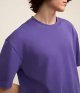 Remera de corte relaxed, confeccionada en algodón de tejido grueso con cuello redondo y mangas cortas.