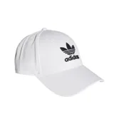 Gorra Adidas blanca con logo Trefoil bordado en negro en el frente.