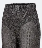 Pantalón largo de lentejuelas negras metalizadas con forro y cintura elástica.