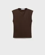 Camiseta sin mangas de color marrón, con cuello redondo, tirantes anchos y diseño entallado de tejido elástico.