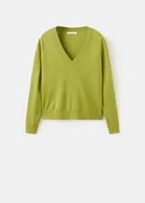 Chaleco de punto fino color verde lima, con cuello en V y diseño recto sin mangas.