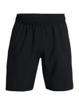 Short Under Armour Woven Wordmark de hombre en color negro, confeccionado en tejido ligero de poliéster. Cuenta con cintura elástica, bolsillos laterales abiertos y aberturas en el bajo.