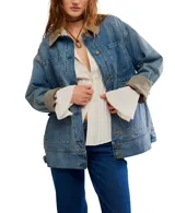 Campera de denim azul de corte holgado, con cuello de pana color verde militar y puños de pana acanalada del mismo color. Presenta cierre frontal con botones, cuatro bolsillos delanteros con solapa y botón, y dos bolsillos laterales.