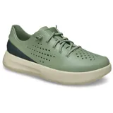 Championes Crocs Inmotion Heel Block Pacer color verde militar, con detalles en negro en el talón y suela beige. Incorporan tecnologías LiteRide y Free Feel Technology, con parte superior perforada, cordones elásticos y diseño deportivo.