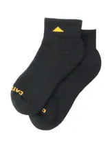 Medias cortas de corte tobillero color negro, con tejido acanalado en el arco y empeine, suela acolchada y logo de la marca bordado en amarillo en la puntera y el tobillo.