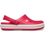Zueco Crocs modelo Crocband color fucsia, con tira trasera ajustable, perforaciones para ventilación y suela con franja decorativa en blanco y rosa.