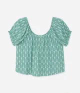 Blusa verde con estampado de piñas, escote cuadrado con elástico, mangas cortas abullonadas y corte holgado.