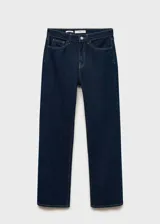 Jeans Matilda de tiro medio y corte recto, confeccionados en denim de algodón en lavado azul oscuro (rinse wash). Cuentan con trabillas para cinto, cierre frontal de cremallera con botón y bolsillos laterales y traseros.